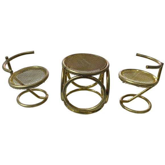Vintage Brass Dollhouse Furniture 1 Table 2 Chairs Mesh Gold Furniture - Picture 3 of 8